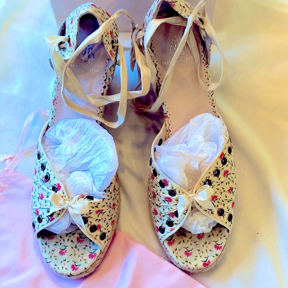 Rebecca Taylor Floral Espadrille Wedge Sandals with Bow